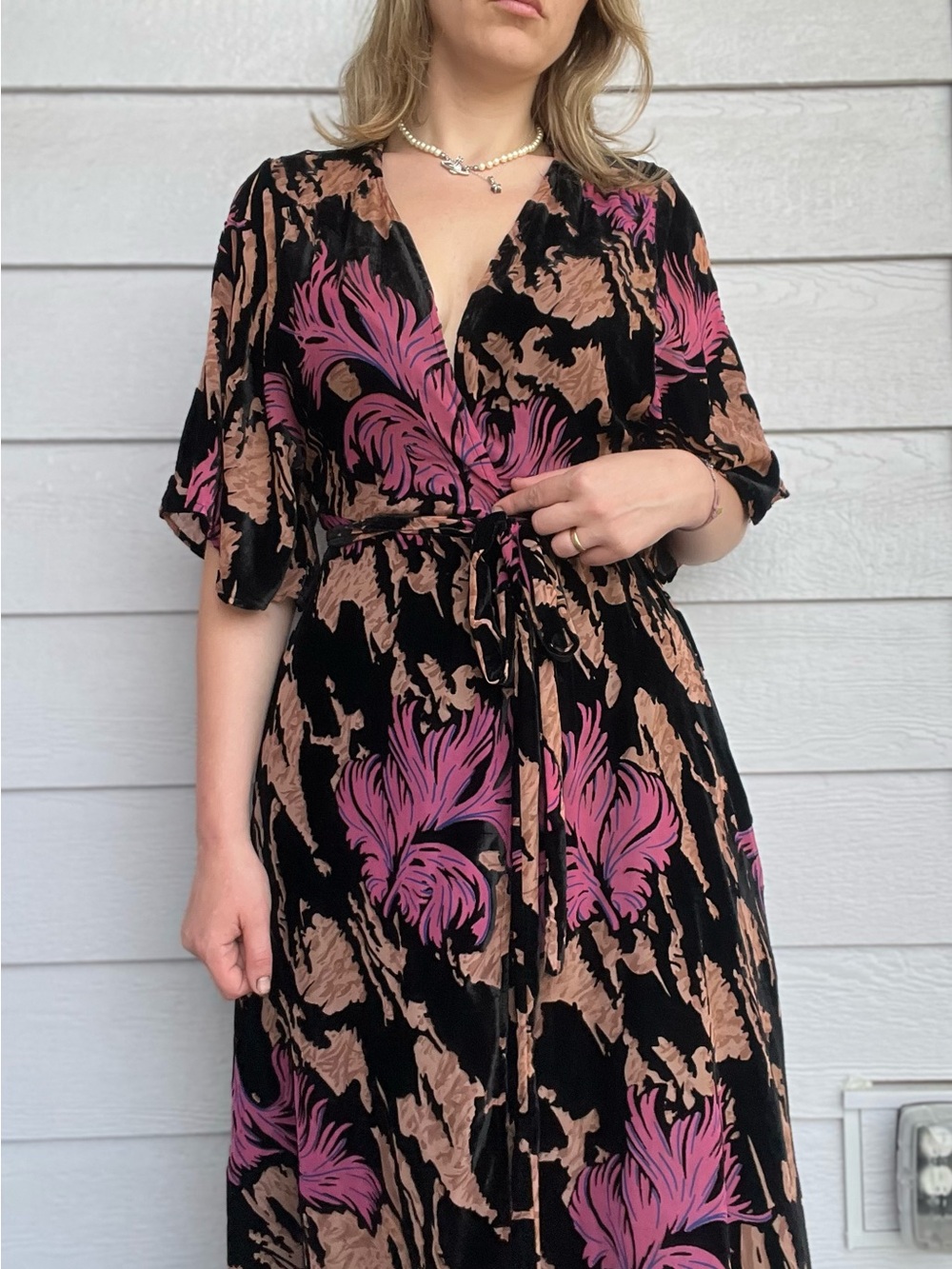 Zara Velour Wrap-Style Maxi / Kimono Dress in Black with Pink & Tan Floral Print